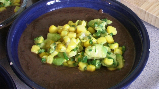 Black Bean Soup with Avocado Corn Salsa